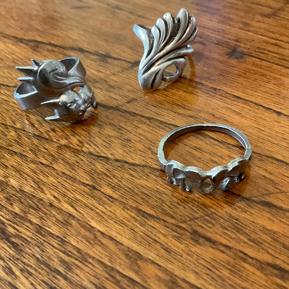 Silver Rings with Leaf, Pokémon and Elephant Motifs